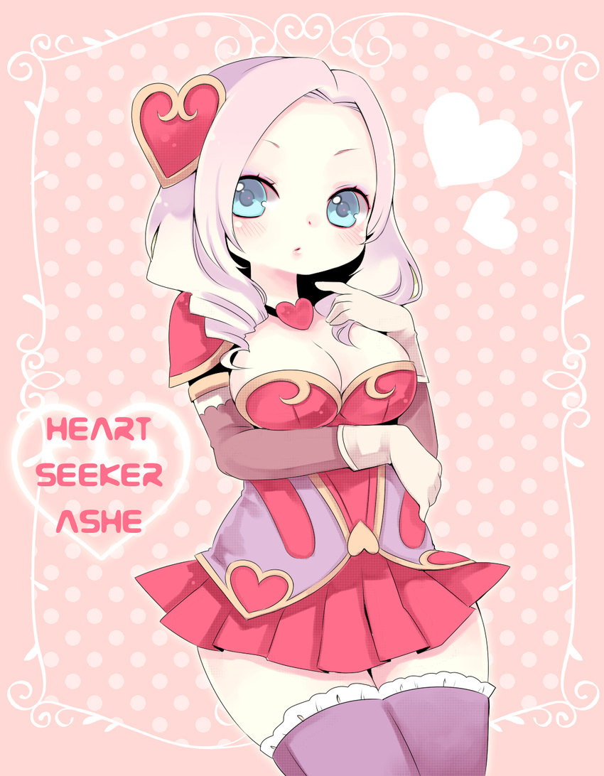 alternate_costume ashe_(league_of_legends) blue_eyes blush breasts character_name cleavage commentary dress female heart heartseeker_ashe highres konatsu_miyu large_breasts league_of_legends long_hair solo