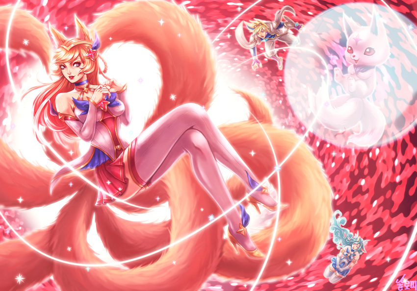 1boy ahri alternate_costume alternate_eye_color alternate_hair_color animal_ears boots breasts choker detached_sleeves fox_ears fox_tail hair_ornament hairband high_heel_boots high_heels league_of_legends legs lipstick long_hair long_legs magical_girl makeup multiple_girls multiple_tails nail_polish peach_hair skirt star_guardian_(league_of_legends) star_guardian_ahri stiletto_heels tail thigh_boots thighhighs thighs white_legwear