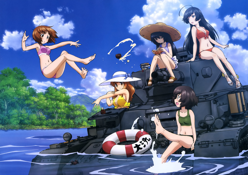 5girls :d :o absurdres ahoge akiyama_yukari arm_support barefoot bikini black_eyes black_hair blush book book_stack bookmark breasts brown_eyes brown_hair closed_mouth cloud collarbone crab day eyebrows girls_und_panzer hat highres holding holding_book huge_ahoge isuzu_hana large_breasts lifebuoy long_hair looking_at_another lotion medium_breasts military military_vehicle motor_vehicle multiple_girls navel nishizumi_miho official_art one-piece_swimsuit open_book open_mouth outdoors outstretched_arm panzer_iv partially_immersed purple_one-piece_swimsuit red_bikini reizei_mako sandals short_hair sideways_mouth sky small_breasts smile soaking_feet sugimoto_isao sun_hat sunscreen swim_ring swimsuit takebe_saori tank translated tree very_long_hair water