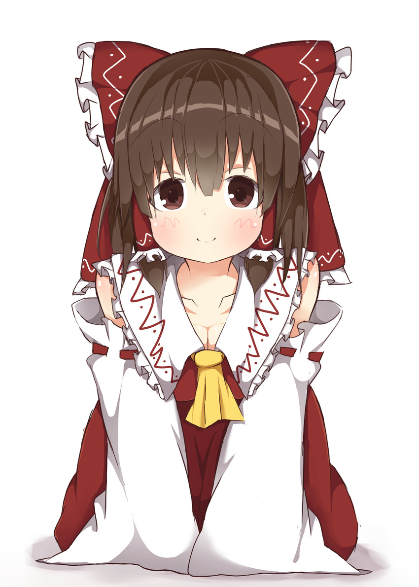 akabeco blush bow breasts brown_eyes brown_hair cleavage closed_mouth collarbone commentary_request cookie_(touhou) female hair_tubes hairbow hakurei_reimu highres kanna_(cookie) large_breasts looking_at_viewer red_bow short_hair smile solo touhou