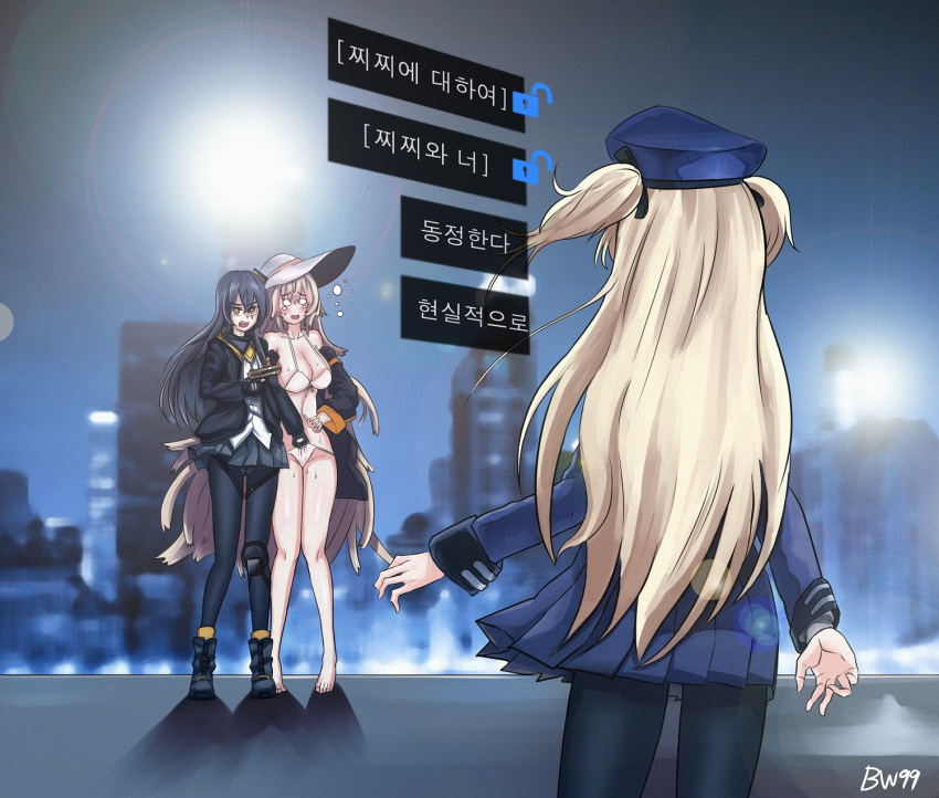 3girls armband bad_id bad_pixiv_id bikini blonde_hair breasts brown_hair bw99 check_translation cleavage commentary detroit:_become_human english_commentary engrish_commentary girls'_frontline gun handgun hat highres jacket korean_text large_breasts long_hair m37_(girls'_frontline) m37_(summer_parader)_(girls'_frontline) multiple_girls o_o official_alternate_costume pantyhose police_hat signature skirt sun_hat super-shorty_(girls'_frontline) swimsuit translation_request two_side_up ump45_(girls'_frontline) very_long_hair weapon white_bikini yellow_armband