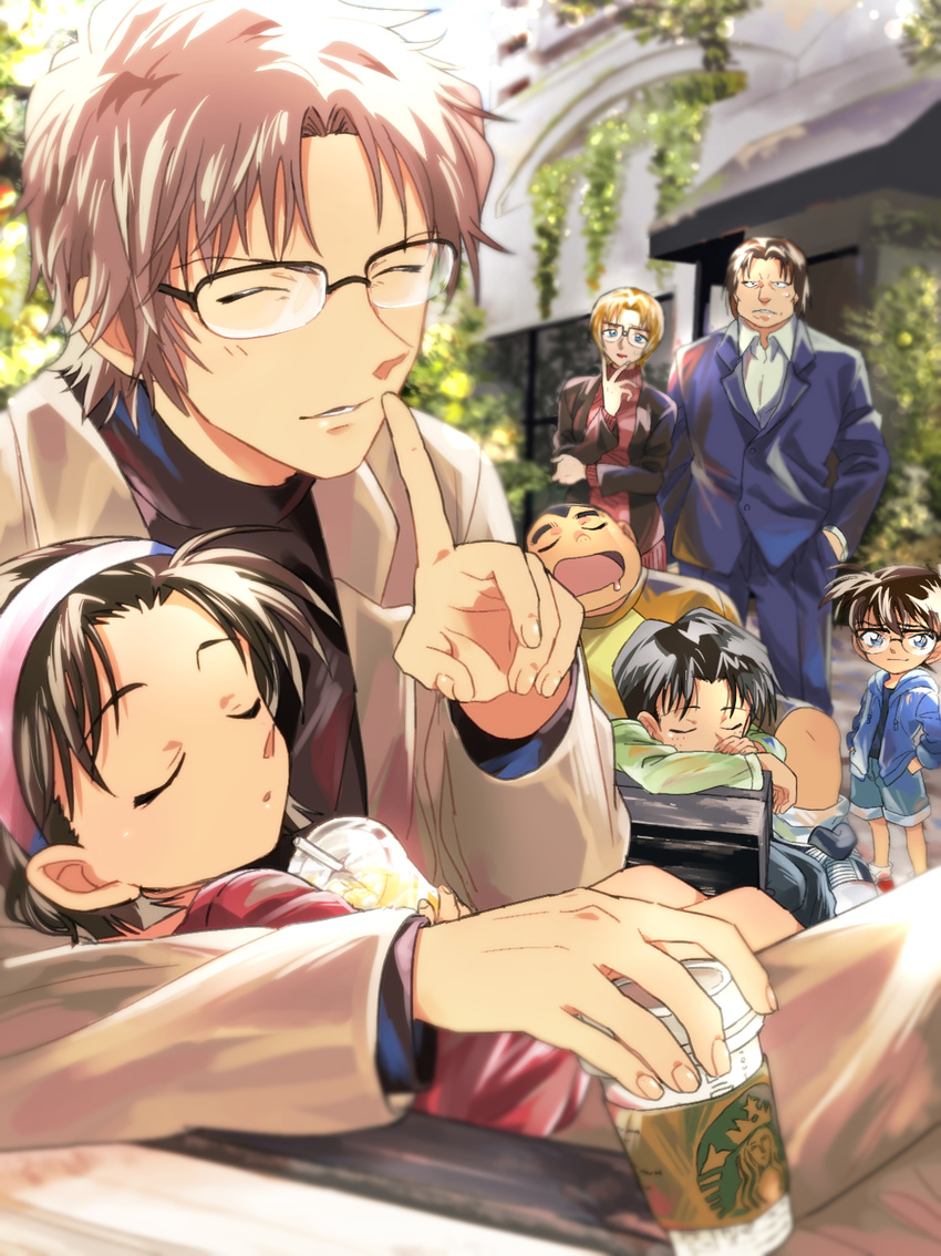 2girls 5boys andre_camel bad_id bad_pixiv_id black_hair blonde_hair blue_pants blue_shirt blue_shorts brown_hair closed_eyes commentary_request edogawa_conan finger_to_mouth formal glasses green_shirt hairband hand_in_pocket highres holding jodie_starling kojima_genta meitantei_conan multiple_boys multiple_girls okiya_subaru pants parted_bangs pink_hairband red_shirt red_sweater shirt short_hair shorts shushing sleeping starbucks suit sweater temk tsuburaya_mitsuhiko yoshida_ayumi