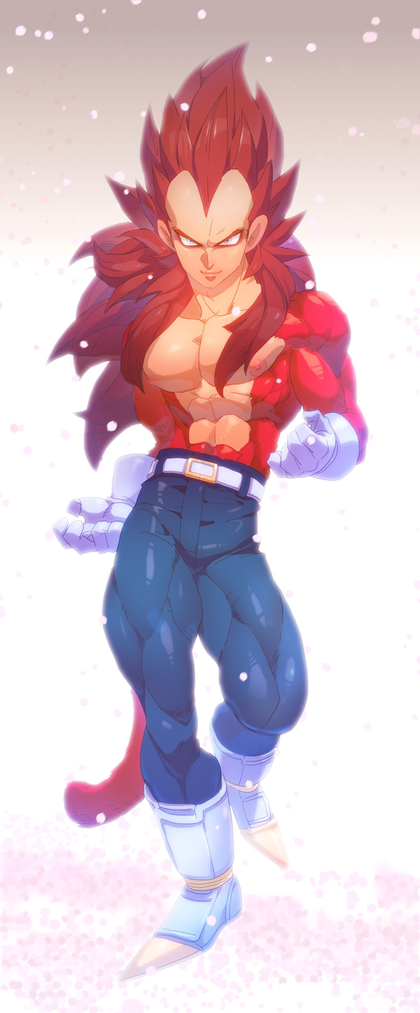 1boy abs absurdres backlighting bad_id bad_pixiv_id belt black_hair blue_eyes body_fur boots clenched_hands dragon_ball dragon_ball_gt gloves highres long_hair looking_at_viewer male_focus muscular nipples pants skin_tight smile solo spiked_hair standing super_saiyan super_saiyan_4 supobi tail topless_male vegeta