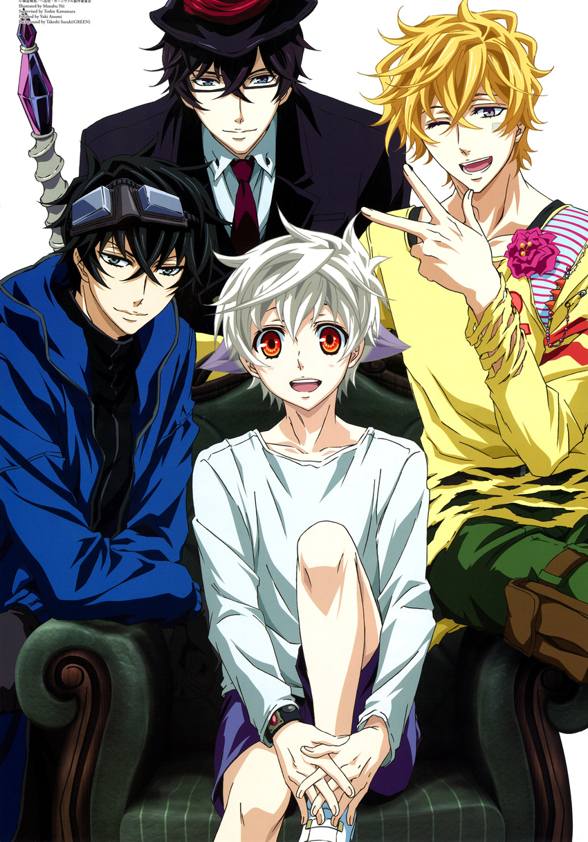 4boys armchair black_hair black_necktie blonde_hair blue_eyes boutonniere collared_shirt gareki_(karneval) glasses goggles goggles_on_head gray_eyes hat hirato jacket karneval long_sleeves male_focus nai_(karneval) necktie red_eyes semi-rimless_glasses shorts staff striped_upholstery suit thigh_strap top_hat white_hair white_shoes wristwatch yogi