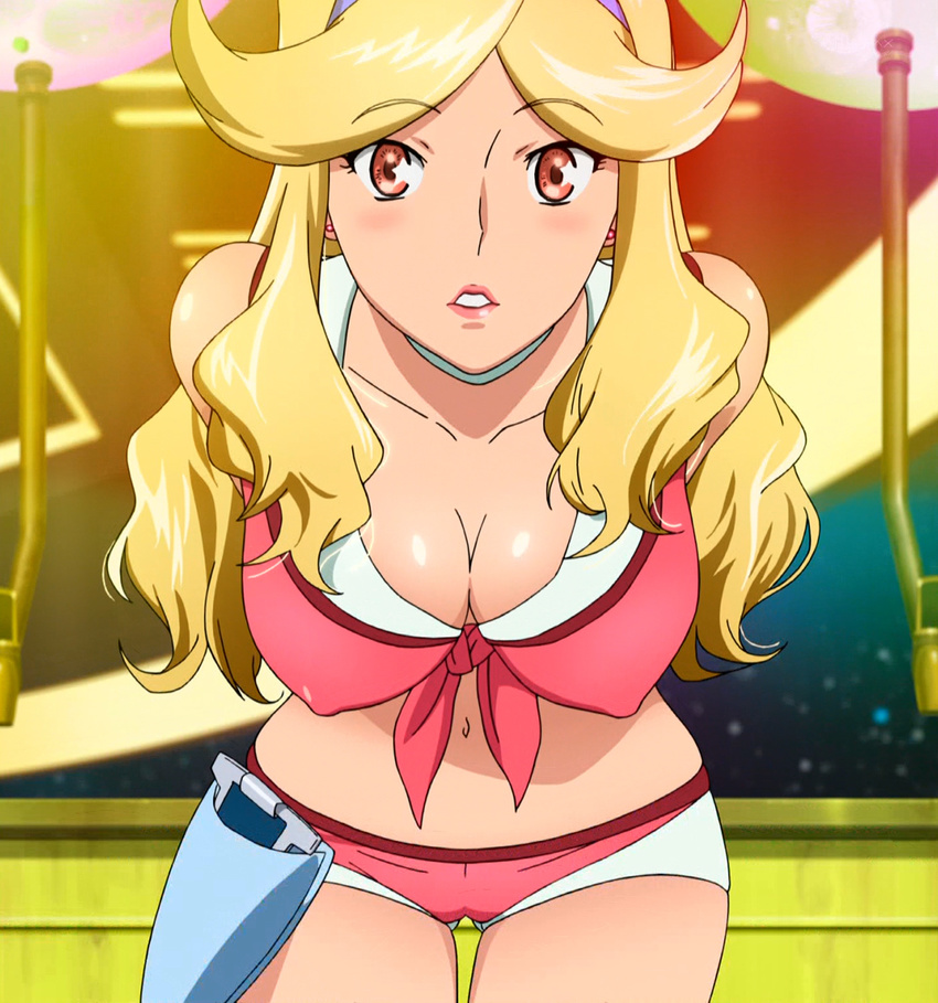 arms_behind_back blonde_hair blush boobies_uniform breasts cleavage erect_nipples female hairband highres honey_(space_dandy) large_breasts leaning_forward long_hair looking_at_viewer pink_eyes screen_cap screencap shorts space_dandy standing