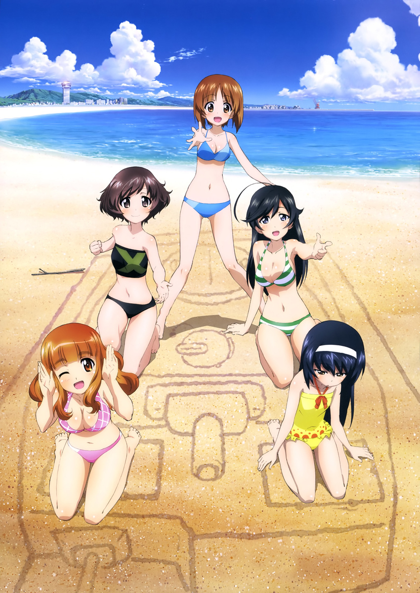 5girls :/ :d ;d absurdres ahoge akiyama_yukari arm_support barefoot beach bikini black_eyes black_hair blue_bikini blush breasts brown_eyes brown_hair building casual_one-piece_swimsuit cleavage clenched_hand closed_mouth cloud collarbone day eyebrows frilled_one-piece_swimsuit frills girls_und_panzer green_bikini hairband halterneck head_tilt highres huge_ahoge isuzu_hana legs_apart long_hair medium_breasts multiple_girls navel nishizumi_miho official_art one-piece_swimsuit one_eye_closed open_mouth outdoors outstretched_arm pink_bikini pointing reizei_mako sand_writing short_hair sitting sky small_breasts smile standing stick striped_bikini striped_clothes sugimoto_isao swimsuit takebe_saori very_long_hair wariza water yellow_one-piece_swimsuit yoshida_nobuyoshi