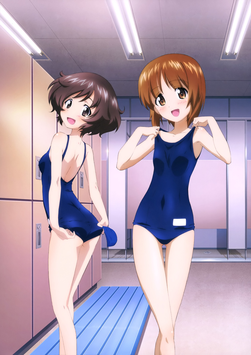 2girls :d absurdres adjusting_clothes adjusting_swimsuit akiyama_yukari ass ass_visible_through_thighs blue_one-piece_swimsuit blush body_blush breasts brown_eyes brown_hair collarbone eyebrows fluorescent_lamp girls_und_panzer head_tilt highres indoors locker multiple_girls nishizumi_miho official_art one-piece_swimsuit open_mouth short_hair small_breasts smile standing strap_lift sugimoto_isao swim_cap swimsuit thigh_gap unworn_swim_cap yoshida_nobuyoshi