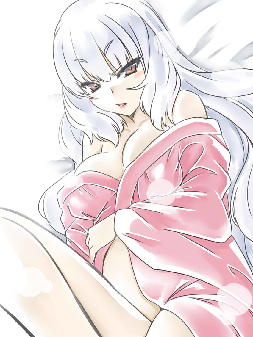 aged_up blush breasts brown_eyes cleavage commentary_request female hakkai highres kantai_collection knee_up large_breasts long_hair looking_at_viewer lying murakumo_(kancolle) naked_robe on_back parted_lips robe solo white_hair