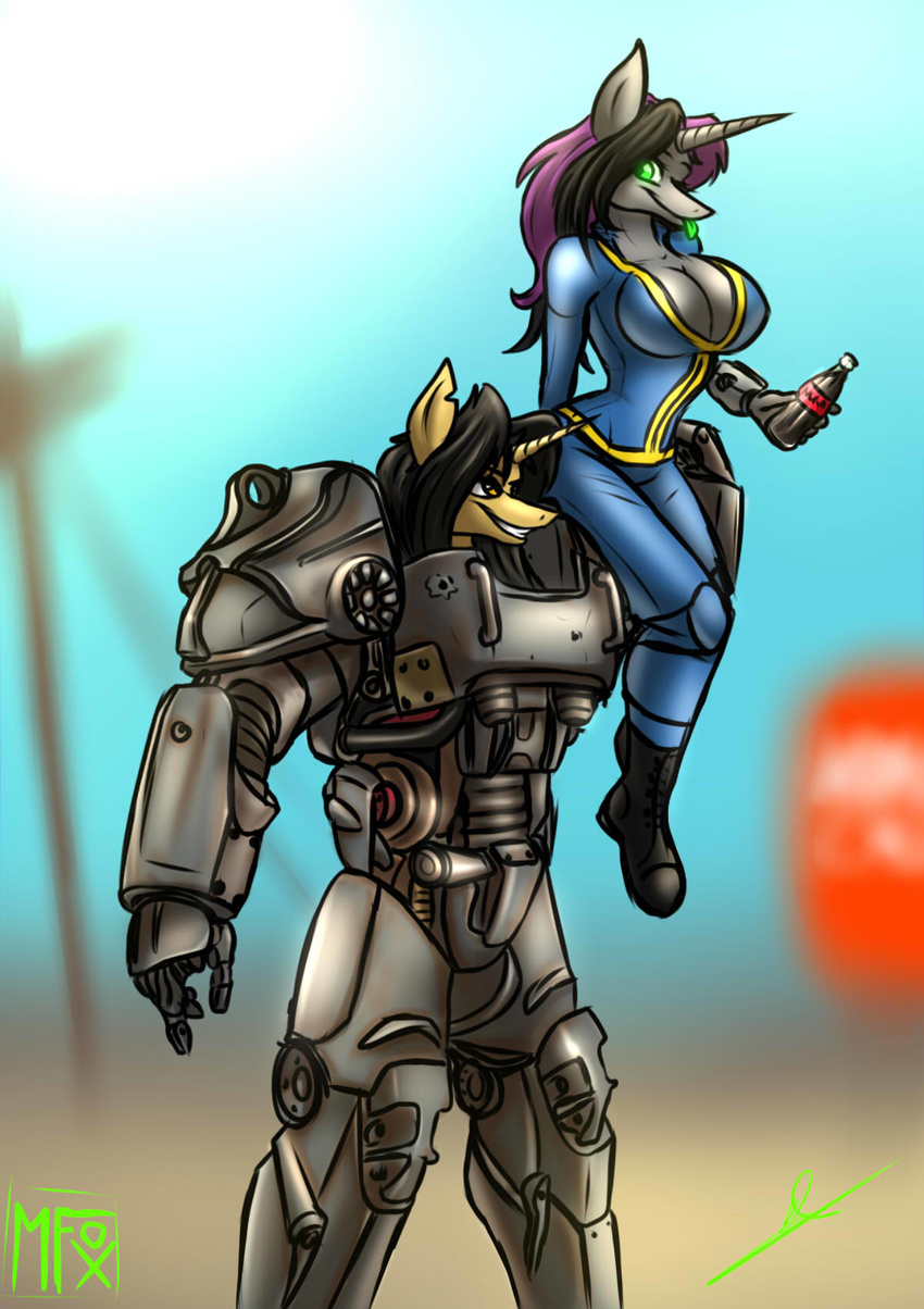 2016 amber_steel anthro armor aura_spark bioluminescence bottle breasts cleavage clothed clothing container duo equid equine fallout female glowing glowing_eyes hasbro hi_res horn machine mammal microsoft my_little_pony mythological_creature mythological_equine mythology nuka-cola overalls power_armor tacticalfur unicorn vault_suit