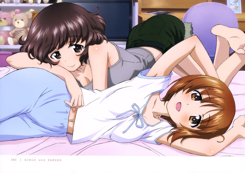 2girls :d absurdres akiyama_yukari arms_up barefoot blue_pants blush body_blush book breasts brown_eyes brown_hair chair cleavage closed_mouth collarbone copyright_name desk eyebrows fur_trim girls_und_panzer green_shorts grey_shirt highres looking_at_viewer lying midriff monitor multiple_girls navel nishizumi_miho official_art on_side on_stomach open_mouth page_number pants shirt short_hair shorts sleeveless sleeveless_shirt small_breasts smile stuffed_animal stuffed_toy sugimoto_isao teddy_bear white_shirt