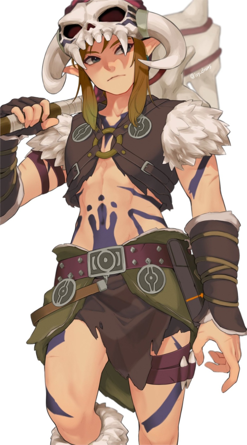 1boy arm_at_side barbarian_set_(zelda) belt blonde_hair brown_gloves closed_mouth collarbone cowboy_shot fake_horns fingerless_gloves fur_trim gloves hand_up helmet highres holding holding_weapon horned_helmet horns ivy_(sena0119) link long_hair looking_at_viewer male_focus midriff navel o-ring official_alternate_costume over_shoulder pointy_ears pubic_tattoo sideways_glance simple_background skull skull_on_head solo standing stomach stomach_tattoo tattoo the_legend_of_zelda the_legend_of_zelda:_breath_of_the_wild torn_clothes weapon weapon_over_shoulder white_background