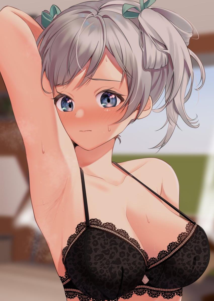 arm_up armpits black_bra blue_eyes blurry blurry_background blush bra breasts ciel_alencon cleavage commission depth_of_field embarrassed female god_eater god_eater_2:_rage_burst grey_hair hair_ribbon highres large_breasts lingerie looking_at_viewer mukuro_usss ribbon skeb_commission solo steaming_body strap_gap twintails underwear upper_body