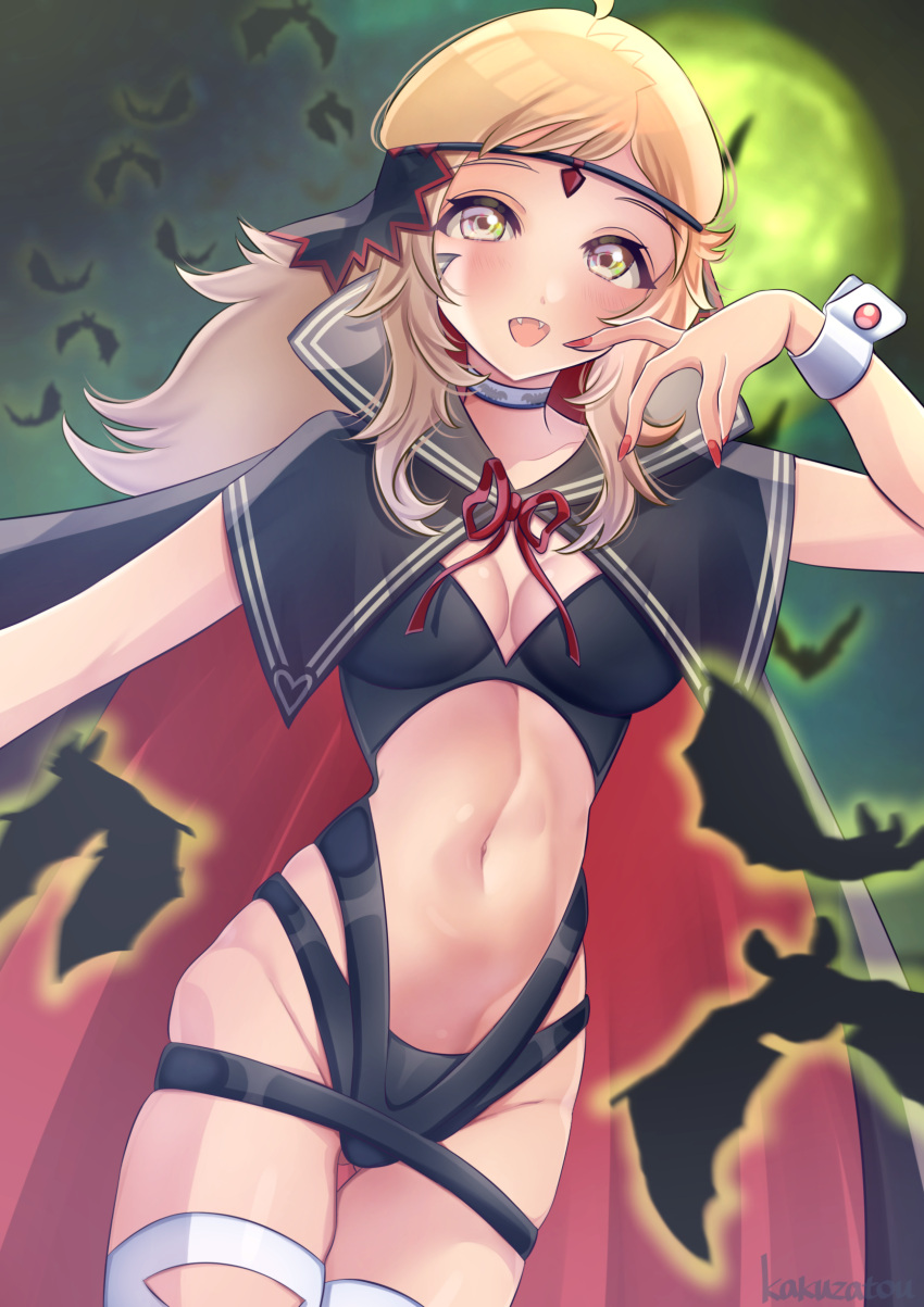 :d absurdres ahoge alternate_costume animal bat_(animal) blonde_hair blush breasts commission commissioner_upload cosplay crossover female fingernails fire_emblem fire_emblem_fates full_moon gogat8 halloween halloween_costume hand_up highres long_hair looking_at_viewer looking_to_the_side midriff moon nail_polish nakoruru nakoruru_(cosplay) navel open_mouth ophelia_(fire_emblem) red_nails samurai_spirits skeb_commission smile snk snk_heroines:_tag_team_frenzy solo stomach wrist_cuffs yellow_eyes