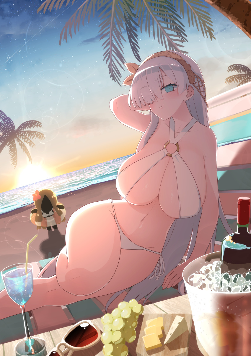 absurdres akitokage anastasia_(fate) aqua_eyes arm_behind_head backlighting bare_shoulders beach beach_chair bikini blue_sky blush bottle breasts cheese cleavage collarbone criss-cross_halter cup doll drinking_glass drinking_straw fate/grand_order fate_(series) female food fruit gradient_sky grapes grey_hair hair_over_one_eye hairband halterneck highres ice_bucket innertube large_breasts lens_flare long_hair looking_at_viewer navel o-ring ocean orange_sky outdoors palm_tree parted_lips sky smile star_(sky) starry_sky sunglasses sunset swim_ring swimsuit thighs tree viy_(fate) white_bikini wine_bottle