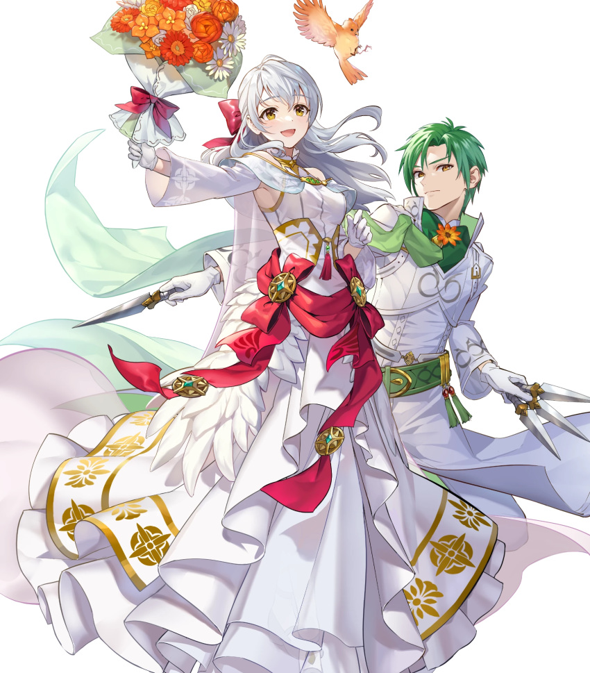 1boy alternate_costume bird blush bouquet bow cape crossed_arms dagger dress feathered_wings feathers female fire_emblem fire_emblem:_radiant_dawn fire_emblem_heroes flower full_body gloves green_hair grey_hair highres knife leaf long_hair micaiah_(bridal)_(fire_emblem) micaiah_(fire_emblem) non-web_source official_art open_mouth sothe_(fire_emblem) sothe_(groom)_(fire_emblem) teffish transparent_background veil weapon wings yellow_eyes yune_(fire_emblem)