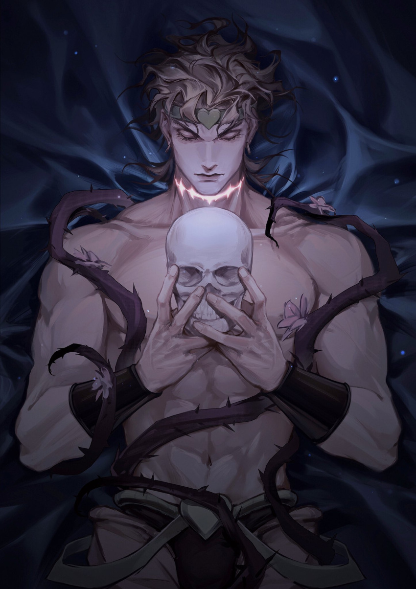 1boy abs birthmark blonde_hair bracer chanasykine chinese_commentary closed_eyes closed_mouth collarbone commentary_request crotchless crotchless_pants dio_brando ear_birthmark earrings facing_viewer flower glowing glowing_scar headband heart highres holding holding_skull jewelry jojo_no_kimyou_na_bouken male_focus mole mole_on_ear muscular muscular_male navel pants plant scar scar_on_neck short_hair skull solo stardust_crusaders suspenders_hanging thorns topless_male upper_body vines wavy_hair