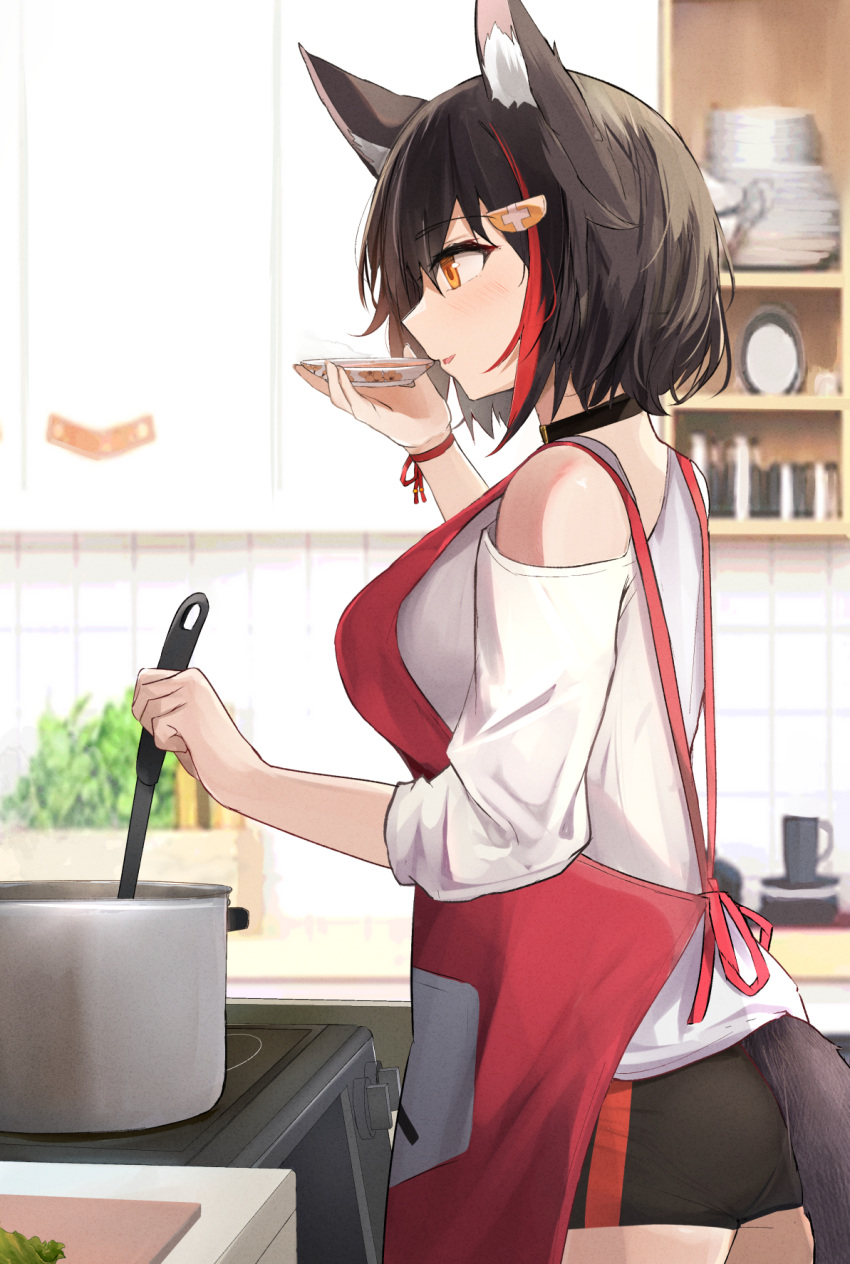 animal_ear_fluff animal_ears apron black_choker black_shorts blush brown_eyes choker cooking female from_side hair_ornament highres holding hololive multicolored_hair off_shoulder ookami_mio ookami_mio_(casual) plate red_apron shirt short_hair short_shorts shorts shuuzo3 smile solo streaked_hair tail tasting tasting_plate virtual_youtuber white_shirt wolf_ears wolf_girl wolf_tail