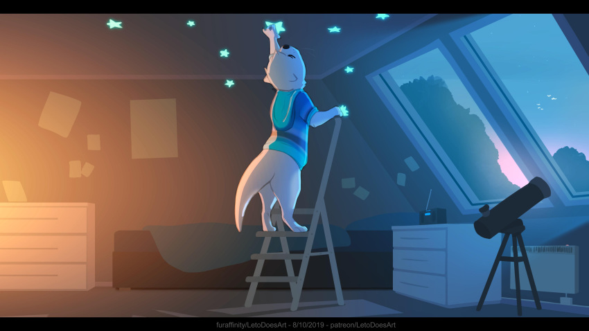 16:9 2019 absurd_res anthro biped bottomless clothed clothing detailed_background electronics fur hi_res hoodie inside ladder letodoesart male mammal mustelid otter pebble_(letodoesart) radio solo star telescope topwear white_body white_fur widescreen window