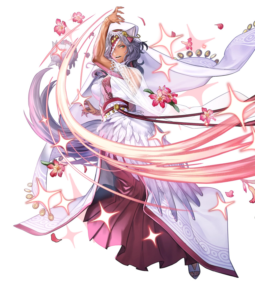 alternate_costume animal_ears bouquet breasts choker cleavage dark-skinned_female dark_skin dress eyepatch feathers female fire_emblem fire_emblem:_radiant_dawn fire_emblem_heroes flower full_body fur_trim green_eyes grey_hair highres leaf long_hair nailah_(bridal)_(fire_emblem) nailah_(fire_emblem) non-web_source official_art open_mouth p-nekor solo sparkle tail tattoo transparent_background veil wolf_ears wolf_tail