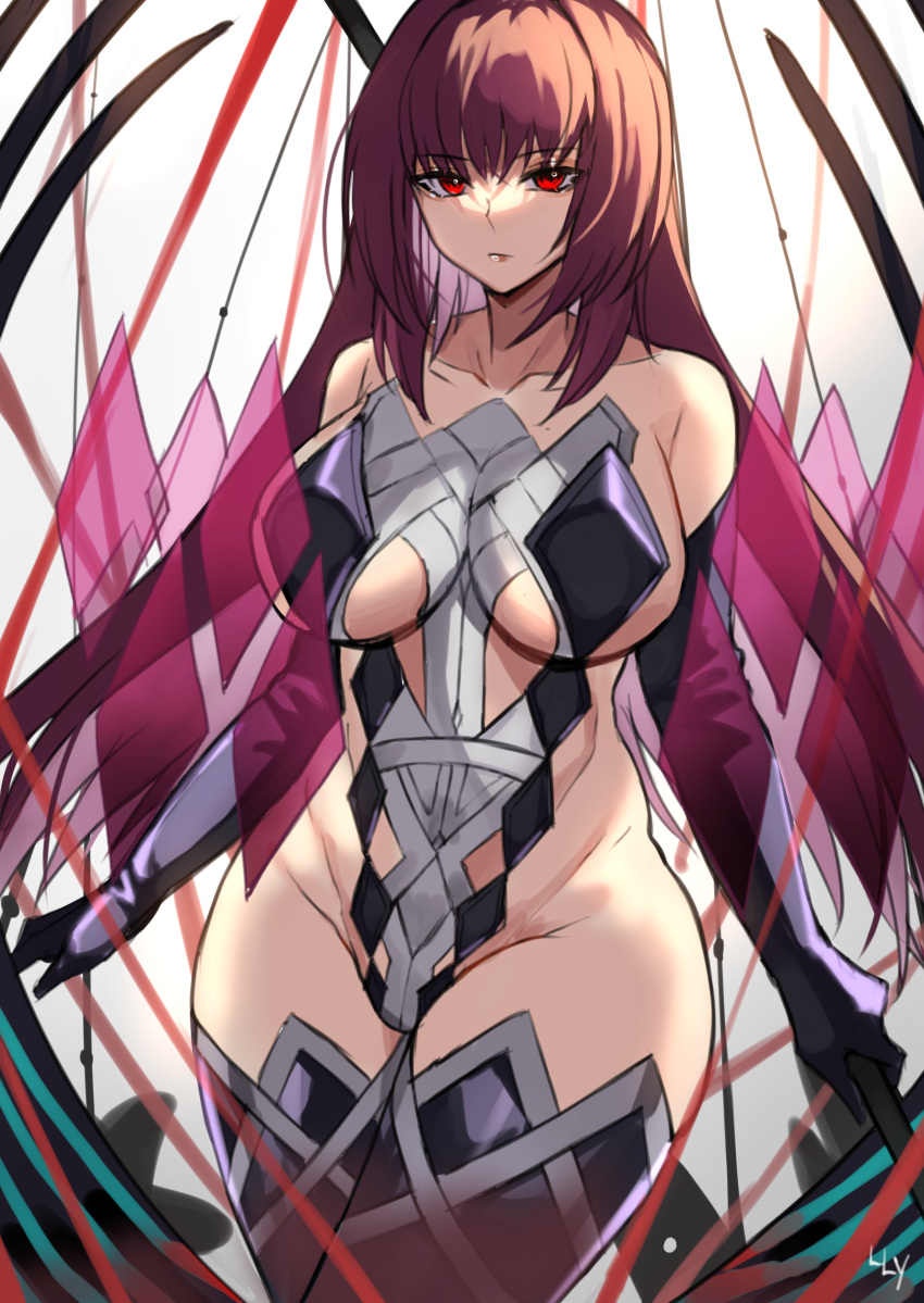 absurdres bangs bare_shoulders black_gloves breasts collarbone covered_navel elbow_gloves fate/grand_order fate_(series) female gloves hair_between_eyes highleg highleg_leotard highres large_breasts leotard lilycious long_hair looking_at_viewer purple_hair red_eyes scathach_(fate)_(all) scathach_(fate/grand_order) sideboob thighhighs thighs