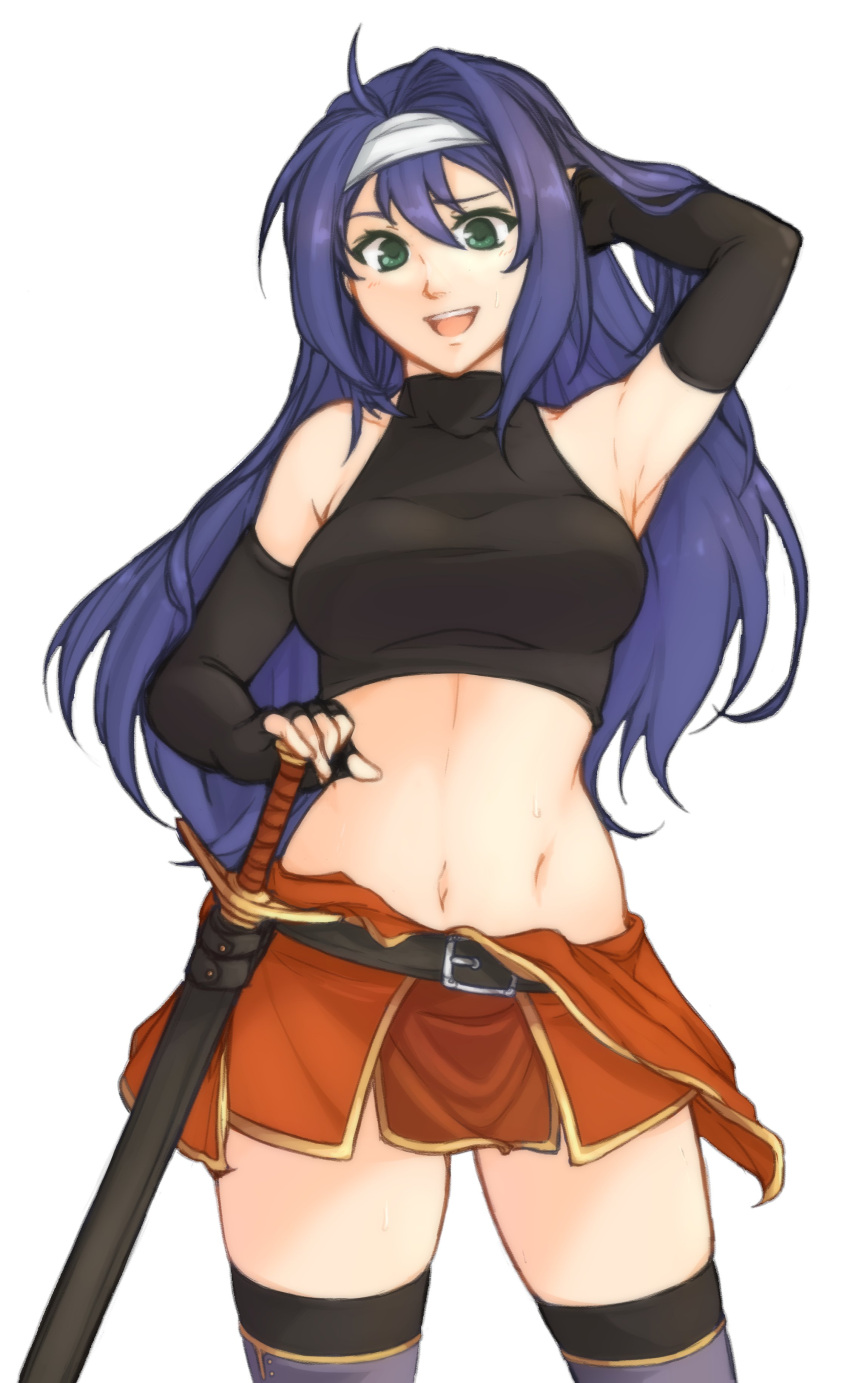 absurdres ahoge blue_hair breasts commentary elbow_gloves female fingerless_gloves fire_emblem fire_emblem:_path_of_radiance fire_emblem:_radiant_dawn gloves green_eyes highres long_hair medium_breasts mia_(fire_emblem) open_mouth simple_background smile solo sword tridisart weapon white_background