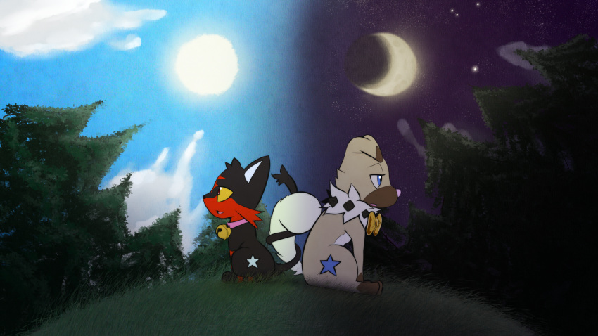 16:9 ambiguous_gender bell bow_(feature) bow_tie cloud collar day duo feral generation_7_pokemon grass hi_res litten mendobear moon night nintendo outside pines plant pokemon pokemon_(species) rockruff sigh sitting sky sun widescreen