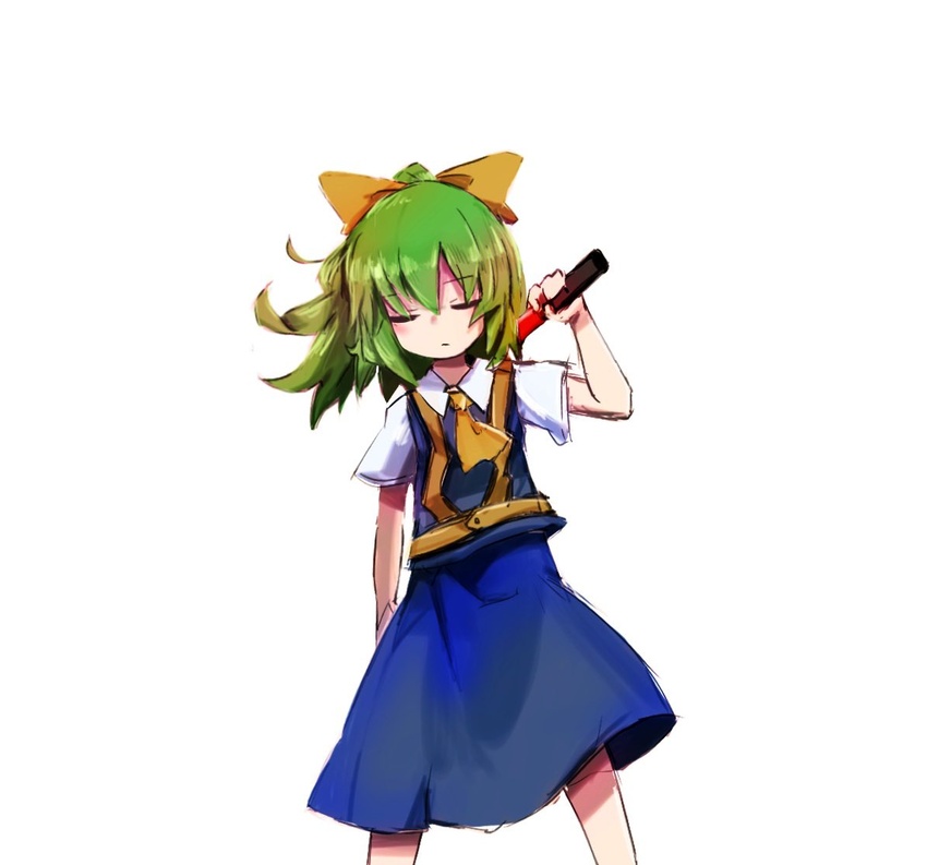 ascot blue_skirt blue_vest bow closed_eyes closed_mouth commentary_request cookie_(touhou) daiyousei diyusi_(cookie) expressionless feet_out_of_frame female green_hair hairbow high-visibility_vest holding medium_hair ponytail shirt short_sleeves simple_background skirt solo sparseseethe touhou traffic_baton vest white_background white_shirt yellow_ascot yellow_bow