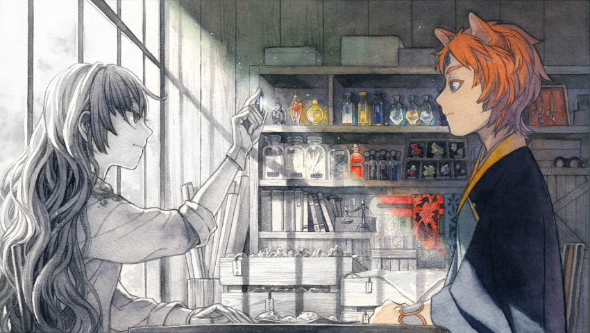 1boy animal_ears bottle bracelet calligraphy_brush_(medium) carla_(pixiv_fantasia_age_of_starlight) female forehead_jewel gloves graphite_(medium) indoors japanese_clothes jewelry kimono lens loaded_interior orange_hair photoshop_(medium) pixiv_fantasia pixiv_fantasia_age_of_starlight potion ranjullo_tomorry shadow shelf sky-art sunlight traditional_media window