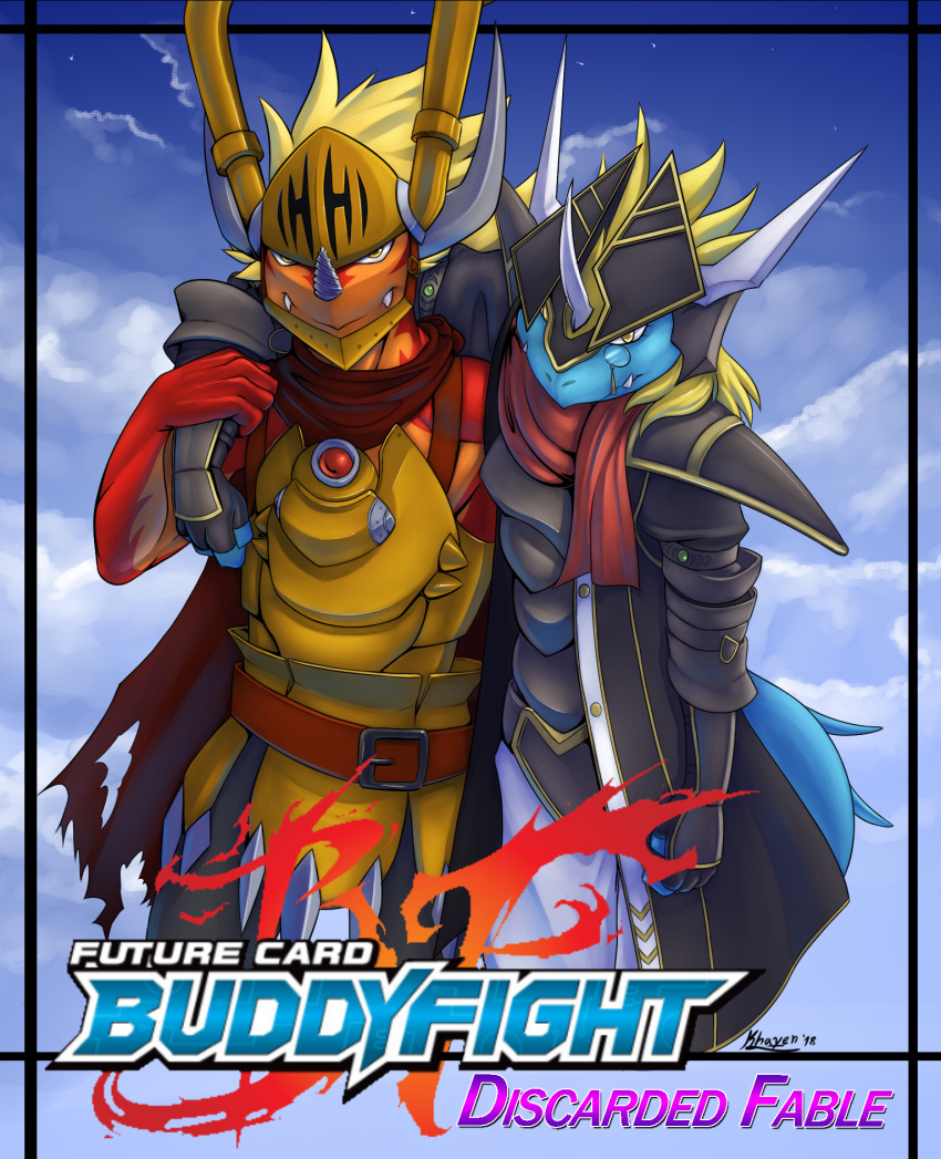 2018 anthro armor belt black_clothing blonde_hair blue_body brown_body bushiroad clothing digital_drawing_(artwork) digital_media_(artwork) dragon drum_bunker_dragon duo english_text eyewear future_card_buddyfight glasses hair headgear helmet hi_res horn khayen male multicolored_body mythological_creature mythological_scalie mythology qinus_axia red_body scalie scarf sharp_teeth signature simple_background supporting_partner tail teeth teeth_showing text two_tone_body yellow_armor yellow_eyes