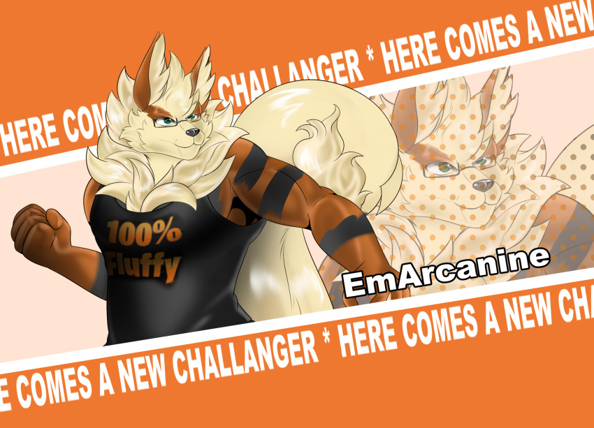 anthro arcanine checkhoff clothing emarcanine fluffy fluffy_tail generation_1_pokemon glass hi_res male nintendo pokemon pokemon_(species) shirt solo tail tank_top top_(disambiguation) topwear