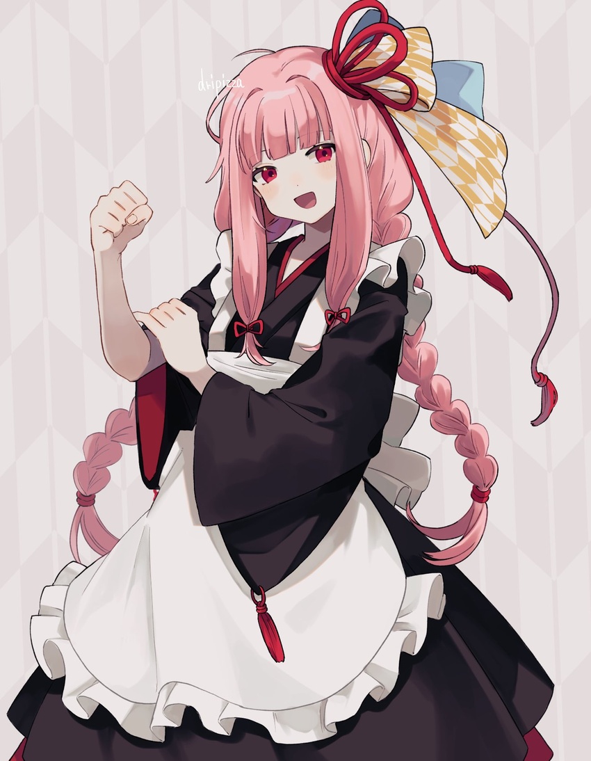 alternate_costume apron blush braid bras_d'honneur female frilled_apron frills hair_ornament hair_ribbon hand_on_own_arm highres japanese_clothes kotonoha_akane long_hair looking_at_viewer maid open_mouth pink_hair red_eyes red_ribbon ribbon sahata_saba sidelocks signature simple_background solo tassel twin_braids voiceroid wa_maid white_apron