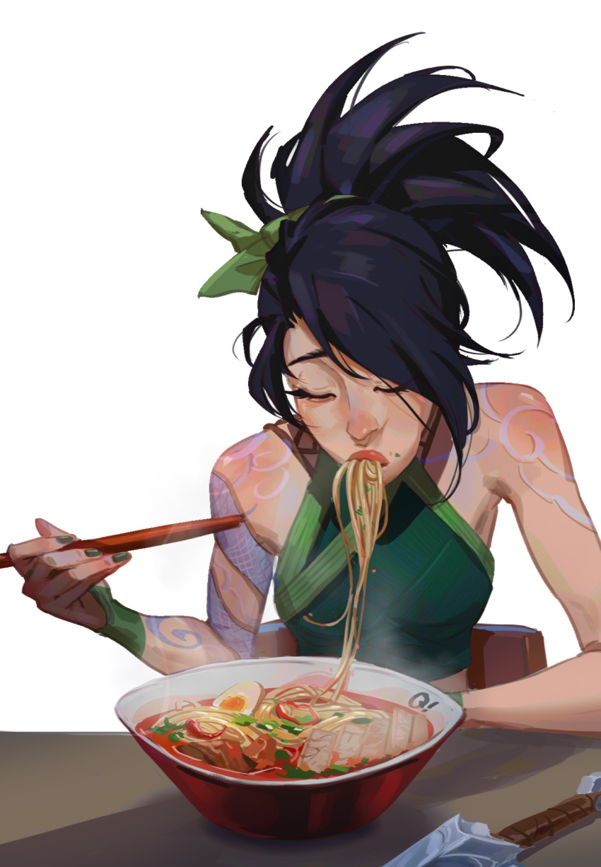 akali bare_shoulders black_hair bowl breasts chopsticks closed_eyes commentary eating female food green_hairband green_shirt hairband highres holding holding_chopsticks league_of_legends long_hair medium_breasts noodles ponytail qi_mang_(qimang) ramen shirt solo symbol-only_commentary upper_body weapon