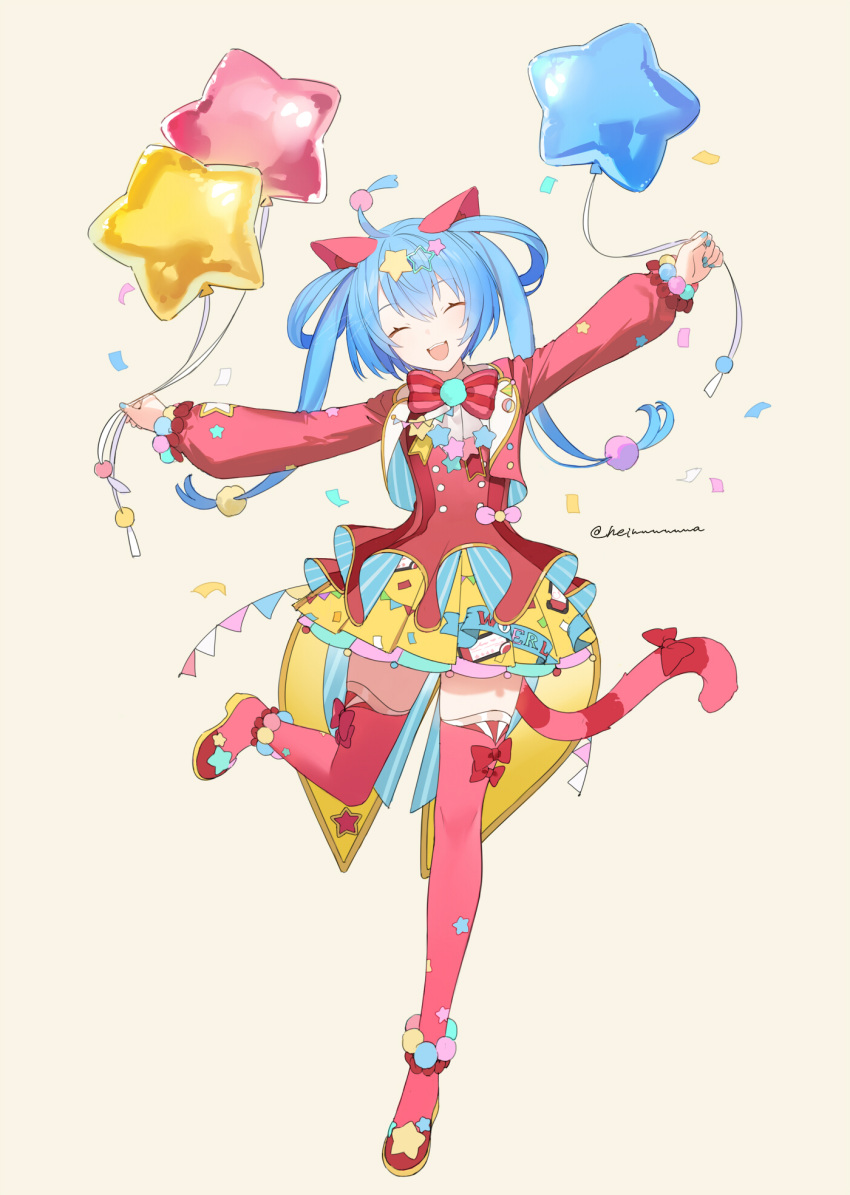 ^_^ animal_ears arms_up balloon blue_hair blue_nails bow bow_legwear bowtie cat_ears cat_tail closed_eyes clothing_cutout colorful confetti dress fangs female fingernails flat_chest foot_up full_body gold_trim hair_ornament hair_rings happy hatsune_miku head_tilt heiwa_(murasiho) highres horizontal_stripes jacket laughing long_hair long_sleeves open_mouth pleated_skirt pom_pom_(clothes) pom_pom_hair_ornament project_sekai puffy_long_sleeves puffy_sleeves pumps red_bow red_bowtie red_dress red_footwear red_jacket red_legwear shoes short_dress simple_background skirt solo standing standing_on_one_leg star_(symbol) star_balloon star_cutout star_hair_ornament star_print straight_hair string_of_flags striped striped_bow striped_bowtie tail tail_bow tail_ornament thighhighs twintails twitter_username underbust vocaloid wing_collar wonderlands_x_showtime_(project_sekai) yellow_skirt zettai_ryouiki