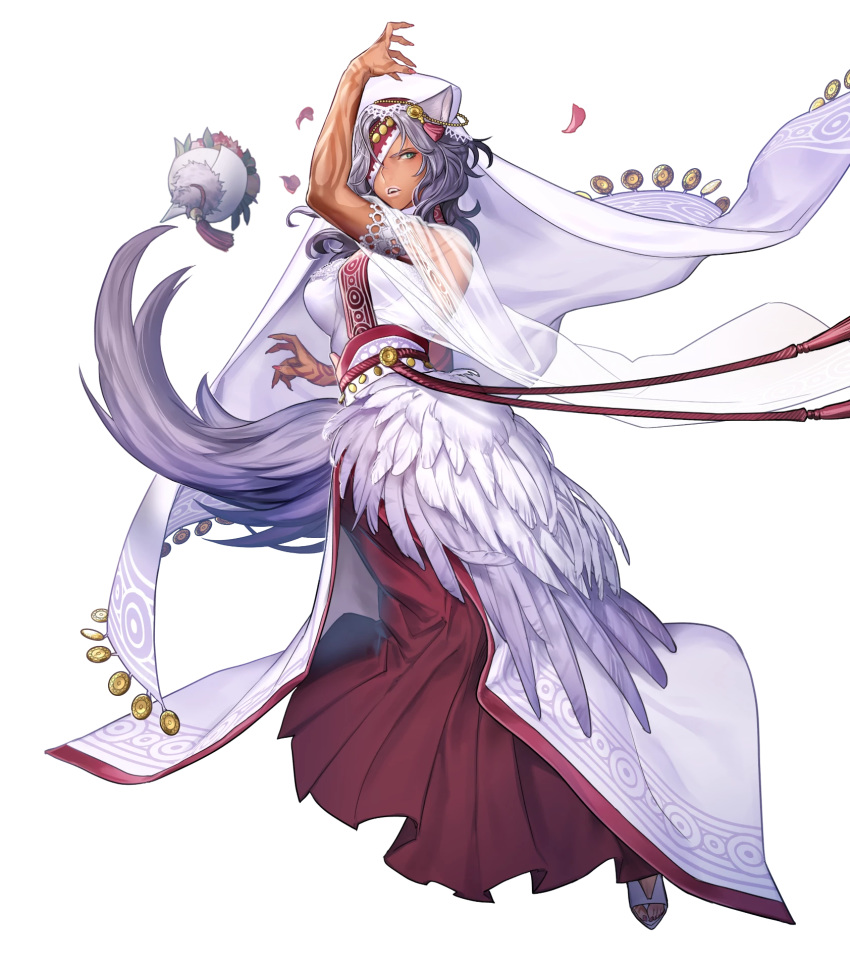 alternate_costume animal_ears bouquet breasts choker cleavage dark-skinned_female dark_skin dress eyepatch feathers female fire_emblem fire_emblem:_radiant_dawn fire_emblem_heroes flower full_body fur_trim green_eyes grey_hair highres leaf long_hair nailah_(bridal)_(fire_emblem) nailah_(fire_emblem) non-web_source official_art open_mouth p-nekor sandals solo tail tattoo transparent_background veil wolf_ears wolf_tail