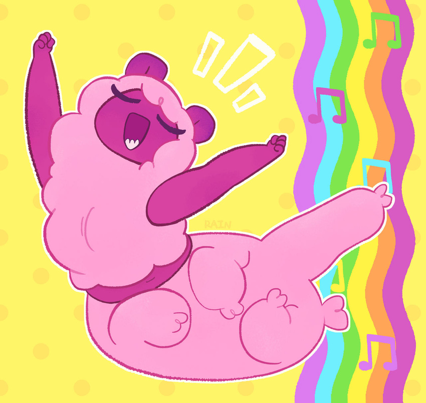 2021 alpaca alpaca_taur camelid camelid_taur centaurworld closed_eyes colorful_theme digital_drawing_(artwork) digital_media_(artwork) female fur happy hi_res humanoid humanoid_taur mammal mammal_taur netflix open_mouth open_smile pink_body pink_fur pink_skin pink_wool scut_tail short_tail smile solo stretching tail taur umbrellamachine wammawink wool_(fur)