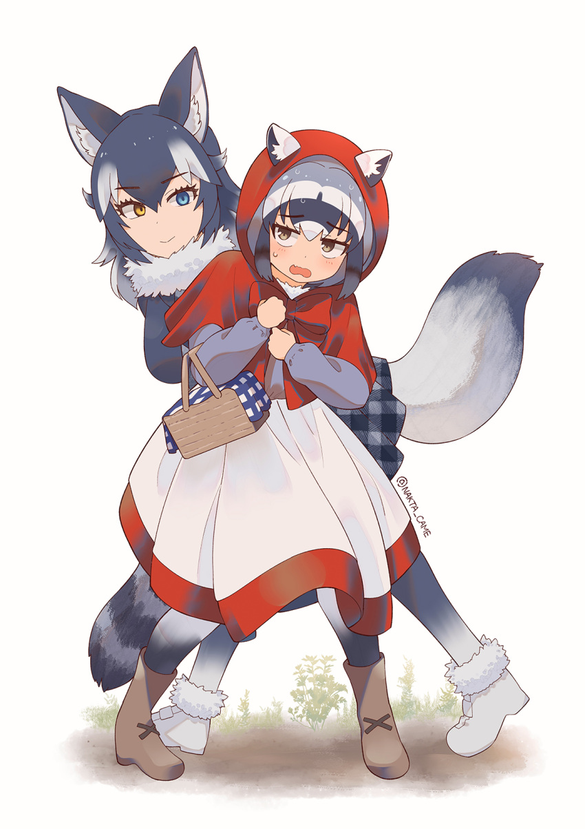 2girls alternate_costume animal_ear_fluff animal_ears bad_id bad_pixiv_id big_bad_wolf big_bad_wolf_(cosplay) black_legwear black_shirt blue_eyes boots bow brown_eyes brown_footwear capelet closed_mouth commentary common_raccoon_(kemono_friends) cosplay dress frown fur-trimmed_footwear fur_collar fur_trim grey_hair grey_legwear grey_skirt grey_wolf_(kemono_friends) half-closed_eyes heel_up heterochromia highres hood hood_up hooded_capelet kemono_friends leaning_forward little_red_riding_hood little_red_riding_hood_(grimm) little_red_riding_hood_(grimm)_(cosplay) long_sleeves looking_at_viewer medium_dress medium_hair miniskirt multicolored_hair multiple_girls nakta pantyhose picnic_basket plaid plaid_skirt pleated_skirt raccoon_ears raccoon_tail red_bow shirt short_hair simple_background skirt smile standing sweatdrop tail twitter_username wavy_mouth white_background white_dress white_footwear white_hair wolf_ears wolf_tail yellow_eyes