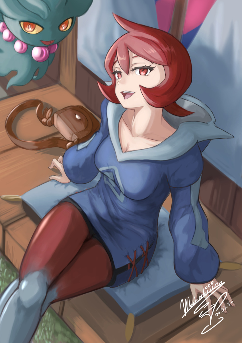 absurdres arezu_(pokemon) breasts cleavage crossed_legs dated diamond_clan_outfit female grey_legwear highres looking_at_viewer misdreavus mochachiiino open_mouth pantyhose pantyhose_under_shorts pokemon pokemon_(creature) pokemon_legends:_arceus pouch red_eyes red_hair red_legwear short_hair shorts signature sitting teeth thighs two-tone_legwear upper_teeth_only