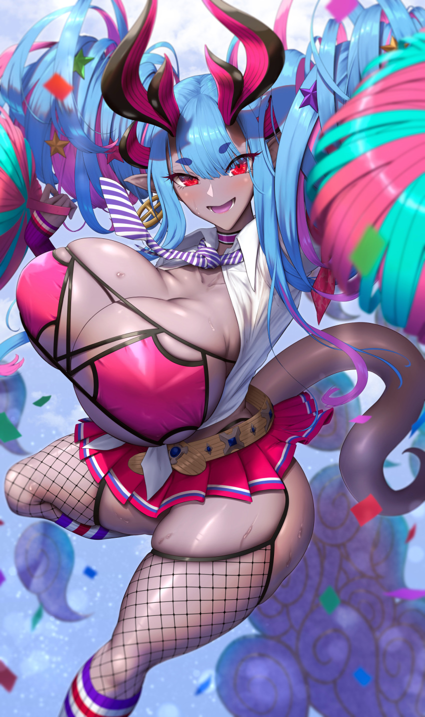 absurdres belt bikini blue_hair blush breasts choker cleavage collared_shirt colored_skin commentary_request detached_sleeves double_bun earrings fate/grand_order fate_(series) female fishnet_thighhighs fishnets grey_skin hair_between_eyes hair_bun hair_ornament highres holding holding_pom_poms hoop_earrings horns ibuki_douji_(fate) ibuki_douji_(swimsuit_berserker)_(fate) ibuki_douji_(swimsuit_berserker)_(second_ascension)_(fate) jewelry large_breasts long_hair looking_at_viewer miniskirt multicolored_hair navel necktie oni open_mouth pink_bikini pink_hair pink_skirt pleated_skirt pointy_ears pom_pom_(cheerleading) red_eyes shiroshisu shirt short_sleeves sidelocks skirt smile solo star_(symbol) star_hair_ornament swimsuit tail thighhighs thighs tied_shirt white_shirt