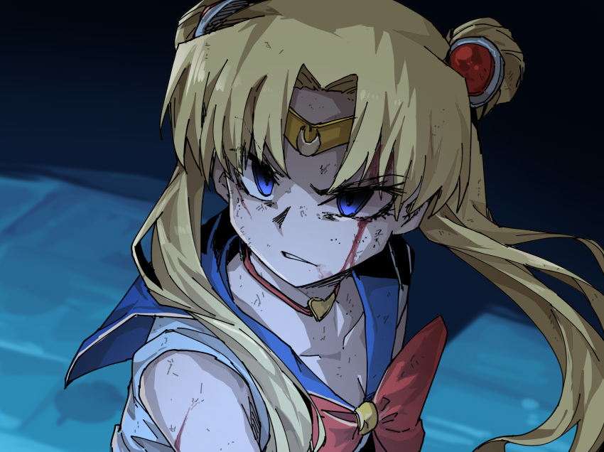 bishoujo_senshi_sailor_moon bishoujo_senshi_sailor_moon_s blonde_hair blood blood_on_face blue_eyes blue_sailor_collar blush choker collarbone commentary crescent crescent_earrings derivative_work diadem double_bun earrings english_commentary female hair_bun hair_over_shoulder heart heart_choker highres injury jewelry ku-ini long_hair magical_girl meme red_choker sailor_collar sailor_moon sailor_moon_redraw_challenge_(meme) sailor_senshi_uniform screenshot_redraw solo sweatdrop tsukino_usagi twintails upper_body