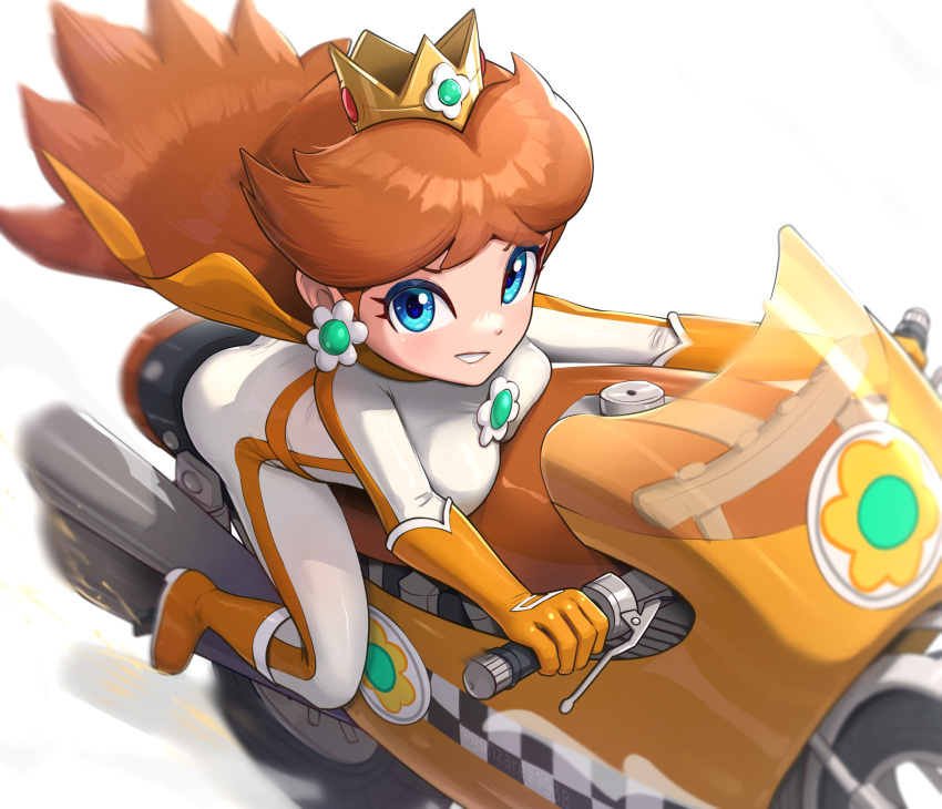 ass bent_over biker_clothes biker_daisy bikesuit blue_eyes bodysuit breast_press breasts brown_hair crown earrings female flower_earrings from_above gloves gonzarez grin highres jewelry long_hair looking_at_viewer mach_bike_(mario) mario_(series) mario_kart mario_kart_wii medium_breasts motor_vehicle motorcycle orange_footwear orange_gloves princess_daisy simple_background smile solo white_background white_bodysuit