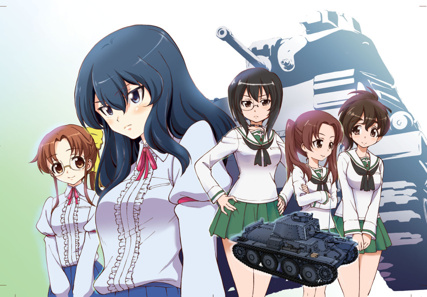 5girls arm_garter black_choker black_eyes black_hair black_neckwear black_ribbon blouse blue_shirt blue_skirt bob_cut bow brown_eyes brown_hair cavalry_tank center_frills choker closed_mouth collared_shirt commentary crossed_arms eclair_(girls_und_panzer) fondue_(girls_und_panzer) frills frown girls_und_panzer girls_und_panzer_gekitou!_maginot-sen_desu!! glasses gradient_background green_background green_skirt hair_ribbon hairbow hands_on_own_hips highres kadotani_anzu kawashima_momo koyama_yuzu long_hair long_sleeves looking_at_viewer maginot_school_uniform medium_hair military military_vehicle miniskirt monocle motor_vehicle multiple_girls neck_ribbon neckerchief ooarai_school_uniform panzerkampfwagen_38(t) parted_bangs pleated_skirt ponytail puffy_short_sleeves puffy_sleeves red_ribbon ribbon rimless_eyewear sailor_collar saitaniya_ryouichi school_uniform semi-rimless_eyewear serafuku shirt short_hair short_sleeves skirt smile standing tank twintails under-rim_eyewear v_arms white_sailor_collar white_shirt wing_collar yellow_bow