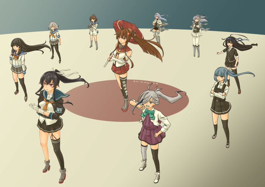 6+girls absurdres ahoge asashimo_(kancolle) asashimo_kai_ni_(kancolle) asymmetrical_legwear black_dress black_hair black_jacket black_pantyhose black_socks blazer blue_eyes blue_sailor_collar bodysuit boots bow bowtie brown_eyes brown_hair cape cross-laced_footwear crossed_arms detached_sleeves dress flower full_body fuyutsuki_(kancolle) garter_straps grey_cape grey_eyes grey_footwear grey_hair grey_legwear grey_neckerchief hair_flower hair_ornament hair_over_one_eye hair_ribbon halterneck hamakaze_(kancolle) hatsushimo_(kancolle) hatsushimo_kai_ni_(kancolle) highres holding holding_umbrella isokaze_(kancolle) jacket kantai_collection kasumi_(kancolle) kasumi_kai_ni_(kancolle) lace-up_boots long_hair long_sleeves looking_at_viewer low-tied_long_hair multiple_girls neckerchief oil-paper_umbrella one_side_up pantyhose pinafore_dress pleated_dress pleated_skirt ponytail pot-de purple_dress red_eyes red_ribbon red_skirt ribbon rope_around_neck sailor_collar sailor_dress sailor_shirt school_uniform serafuku shirt short_hair side_ponytail sidelocks single_thighhigh skirt sleeveless sleeveless_dress socks suzutsuki_(kancolle) thighhighs tress_ribbon twitter_username umbrella uneven_legwear white_bodysuit white_ribbon white_shirt yahagi_(kancolle) yahagi_kai_ni_(kancolle) yamato_(kancolle) yellow_neckerchief yukikaze_(kancolle) yukikaze_kai_ni_(kancolle)