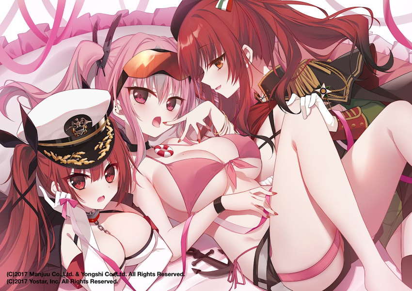 3girls azur_lane beret bikini black_headwear black_ribbon breasts bremerton_(azur_lane) cleavage elbow_gloves gloves goggles goggles_on_head hair_ribbon hat honolulu_(azur_lane) large_breasts long_hair looking_at_viewer lying matsumiya_kiseri medal military_uniform multiple_girls official_art on_back on_stomach open_mouth peaked_cap pillow pink_bikini pink_hair red_eyes red_hair red_nails ribbon short_shorts shorts swimsuit take_your_pick twintails uniform white_gloves white_headwear zara_(azur_lane)