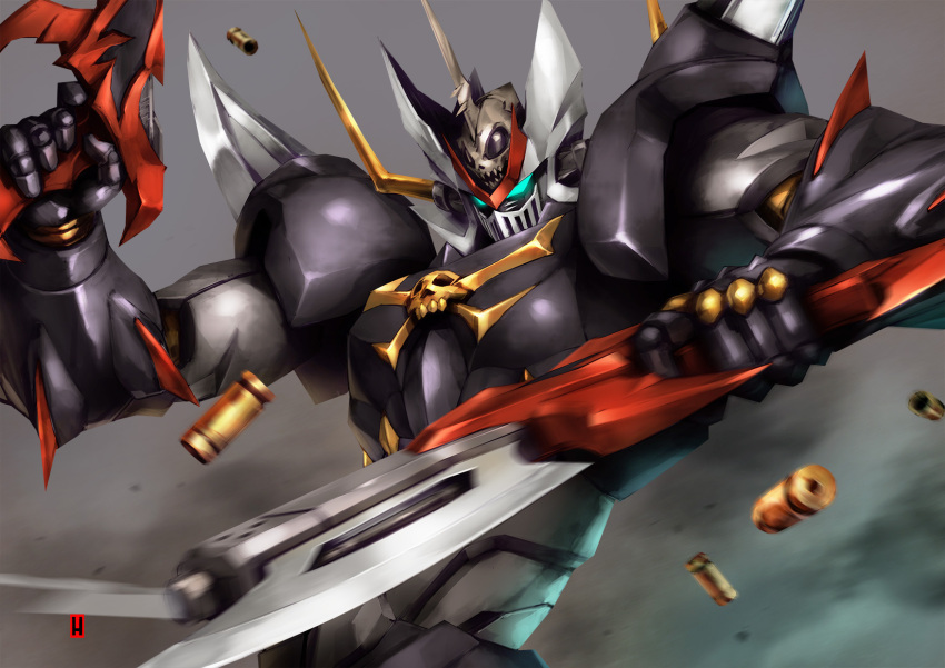 assault_visor blue_eyes bullet clenched_hand commentary dual_wielding glowing glowing_eyes gun harymachinegun highres holding holding_gun holding_weapon mazinger_(series) mazinkaiser mazinkaiser_skl mazinkaiser_skl_(mecha) mecha no_humans rifle robot science_fiction shell_casing skull super_robot v-fin weapon