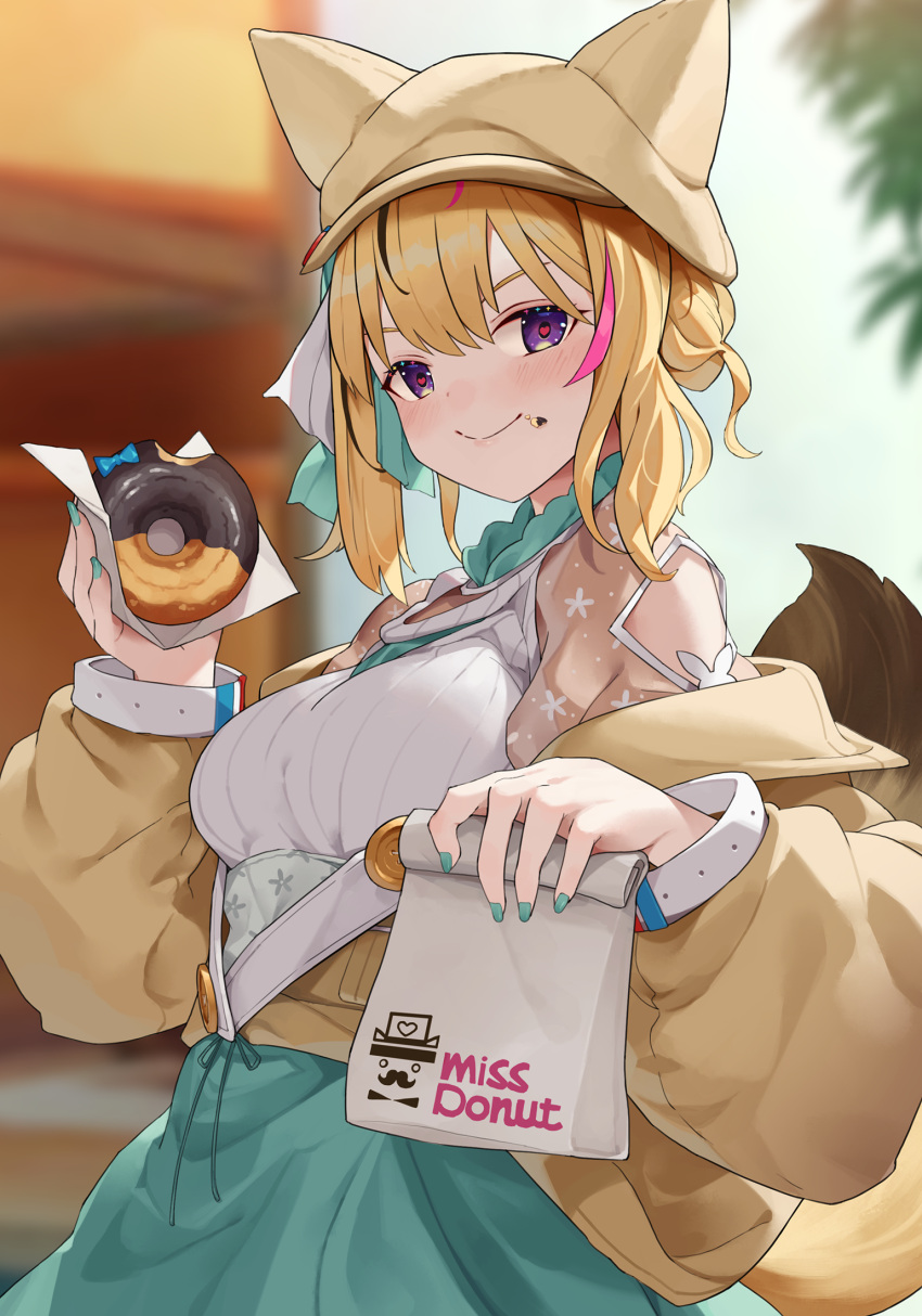 animal_ear_headwear animal_ears aqua_nails bag blonde_hair blurry blurry_background blush brand_name_imitation breasts casual commentary_request doughnut fake_animal_ears female food food_on_face fox_girl fox_tail heart heart-shaped_pupils highres holding holding_food hololive kaguya_(srx61800) logo_parody long_sleeves looking_at_viewer medium_breasts medium_hair mister_donut multicolored_hair nail_polish official_alternate_costume official_alternate_hair_length official_alternate_hairstyle omaru_polka omaru_polka_(street_casual) outdoors paper_bag pink_hair purple_eyes smile solo streaked_hair symbol-shaped_pupils tail virtual_youtuber zain_(omaru_polka)