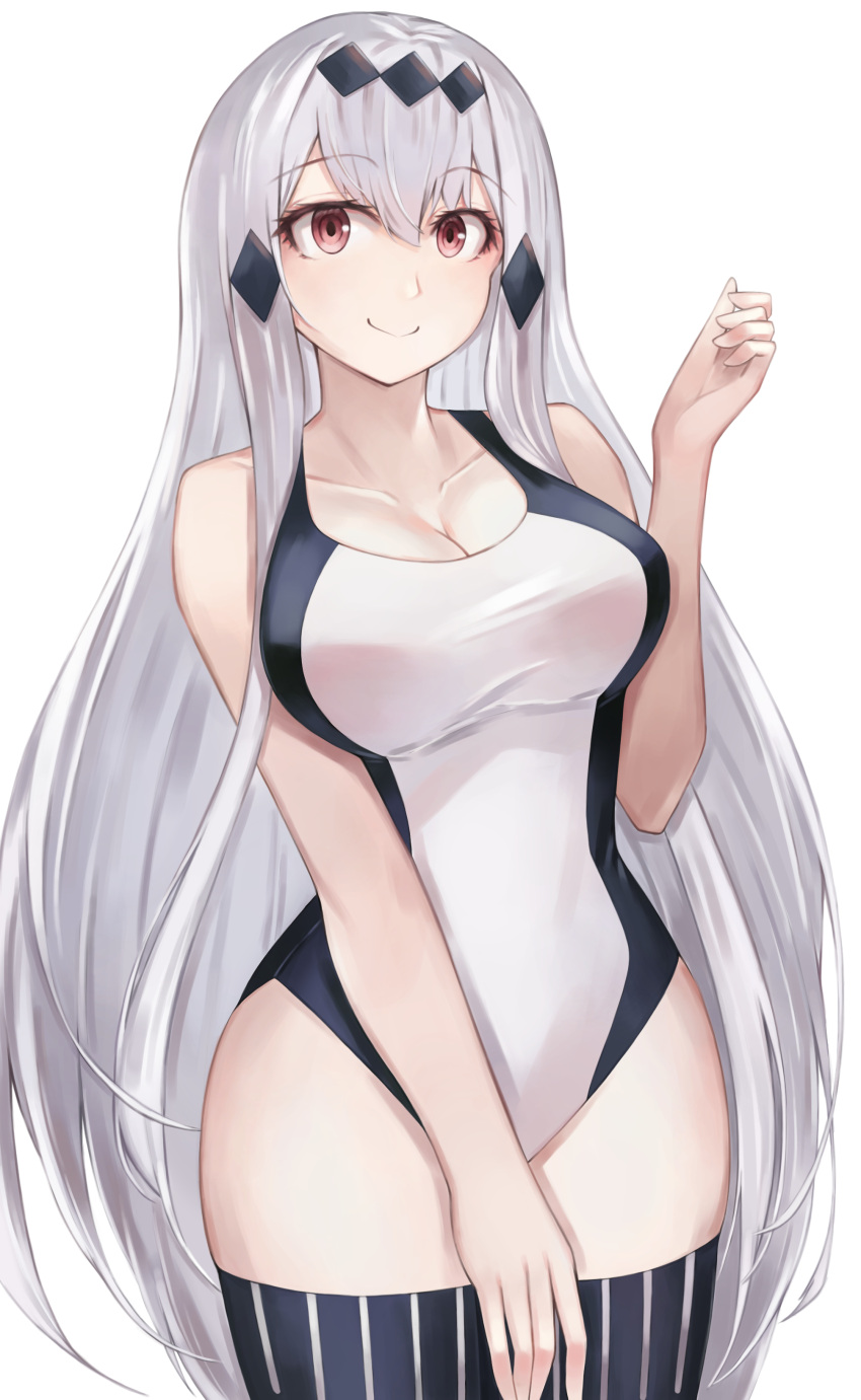 absurdres abyssal_ship aircraft_carrier_water_oni bare_arms bare_shoulders beisaku_bei black_thighhighs breasts cleavage closed_mouth collarbone commentary competition_swimsuit female hand_up highres kantai_collection large_breasts long_hair looking_at_viewer one-piece_swimsuit red_eyes simple_background smile solo swimsuit thighhighs white_background