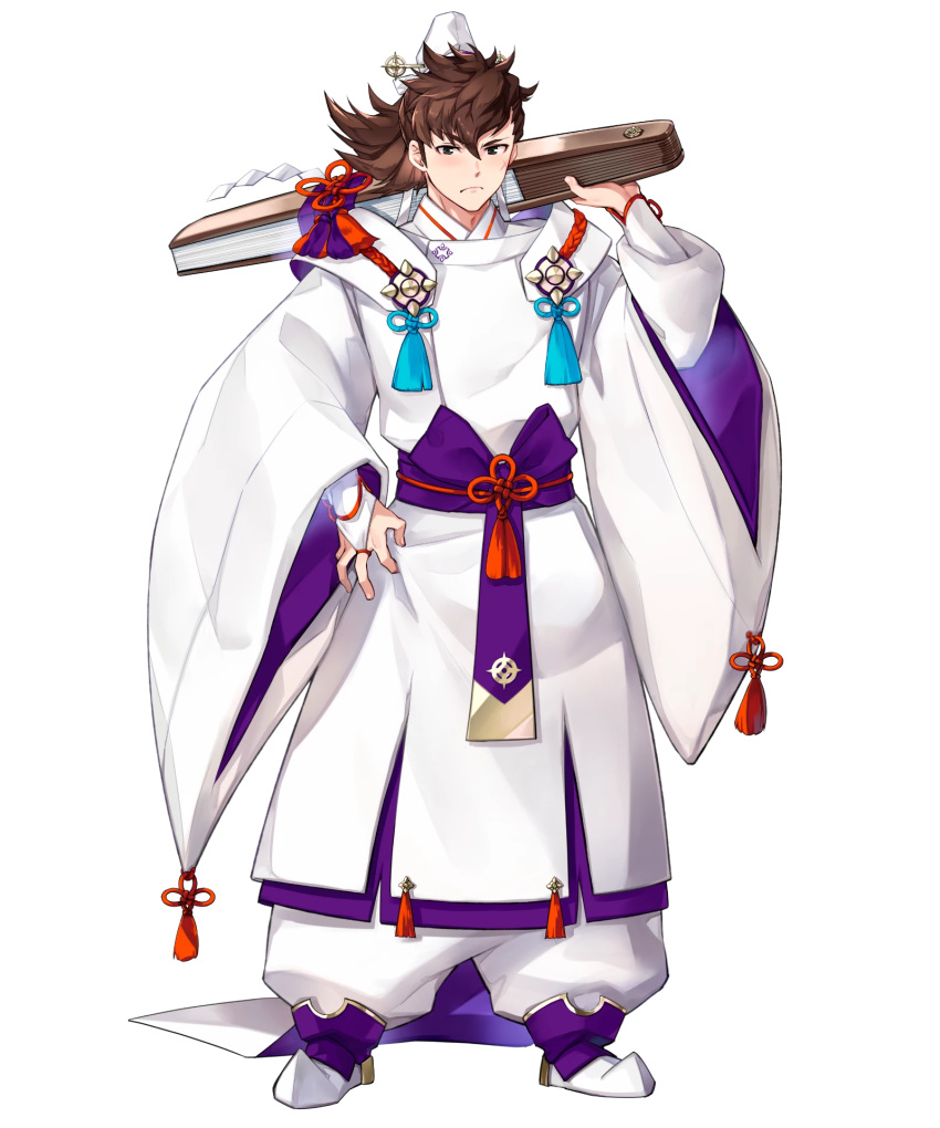 1boy alternate_costume blush boots brown_eyes brown_hair fire_emblem fire_emblem_fates fire_emblem_heroes full_body hand_fan hat highres hinata_(fire_emblem) hinata_(groom)_(fire_emblem) japanese_clothes long_hair male_focus mekameka_shii non-web_source official_art ponytail scar solo transparent_background