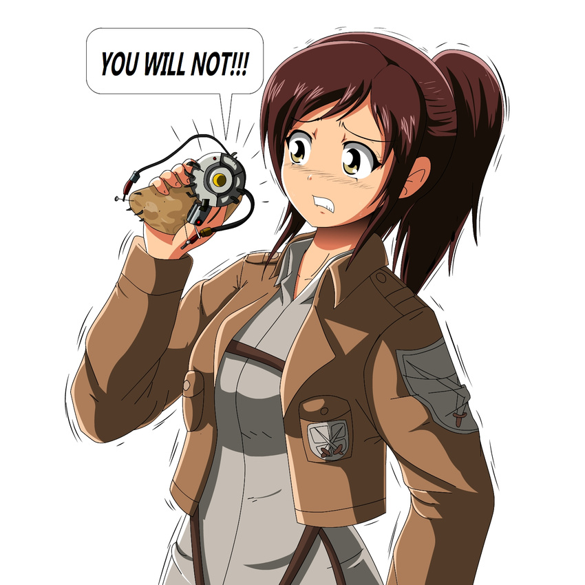 brown_hair crossover female glados long_hair portal potato sasha_braus shingeki_no_kyojin simple_background standing