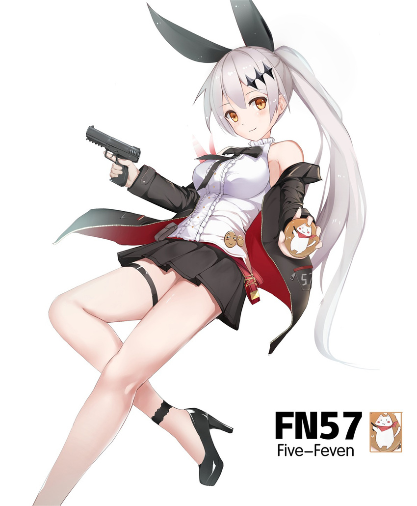 badge black_bow black_footwear black_skirt blouse blush bow breasts brown_eyes character_name closed_mouth commentary_request female five-seven_(girls'_frontline) fn_five-seven freedom_up frills girls'_frontline grey_hair gun hair_ornament hairbow hand_up handgun high_heels highres holding holding_gun holding_weapon hood hoodie huaji long_hair looking_at_viewer medium_breasts miniskirt open_clothes open_hoodie pleated_skirt ponytail shirt shoes sidelocks simple_background skirt smile solo thigh_strap trigger_discipline very_long_hair weapon white_background white_shirt