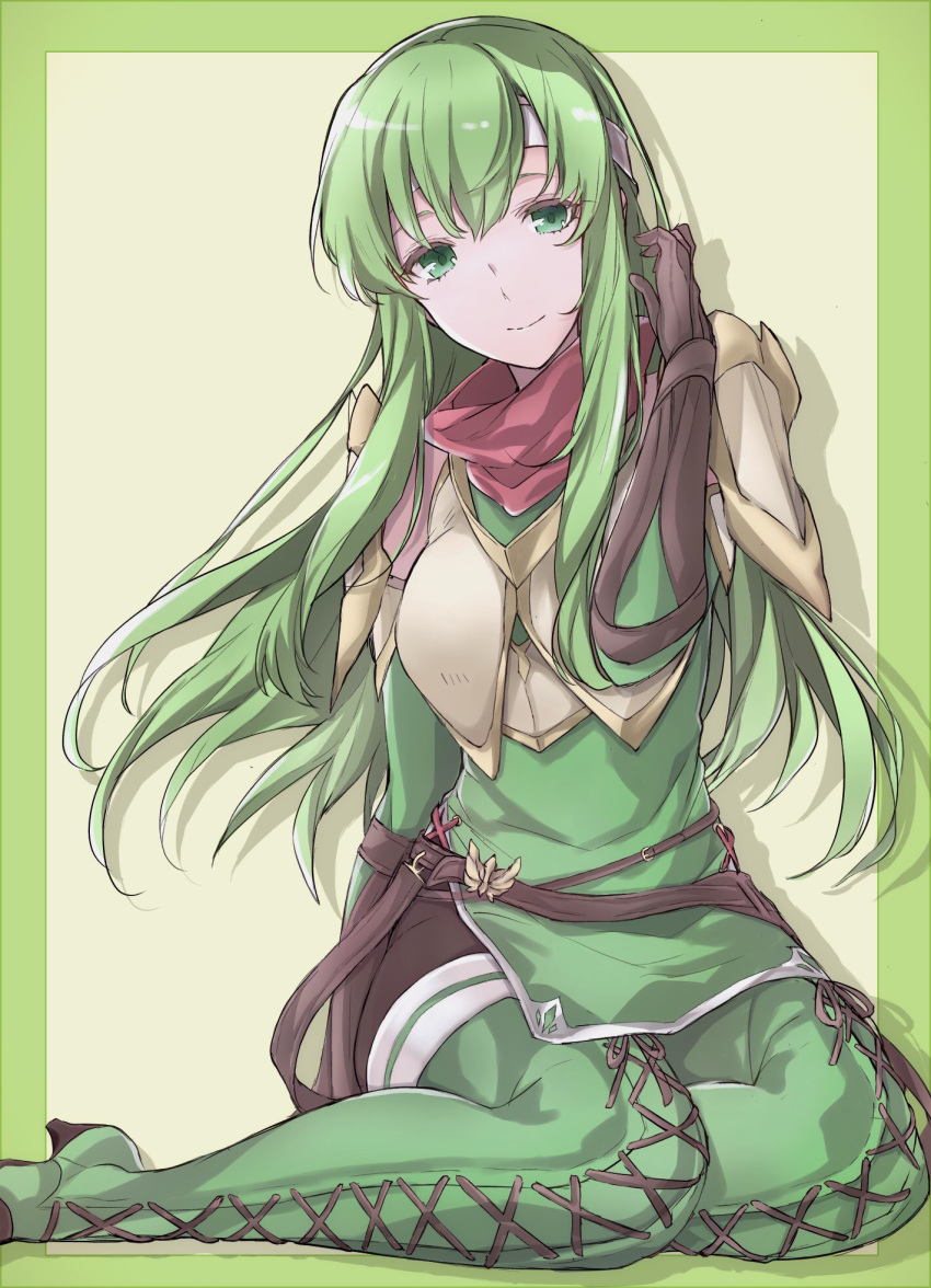 aiueo1234853 armor bad_id bad_twitter_id belt breastplate closed_mouth commentary_request female fire_emblem fire_emblem:_mystery_of_the_emblem gloves green_eyes green_hair headband highres long_hair palla_(fire_emblem) sitting smile solo white_headband